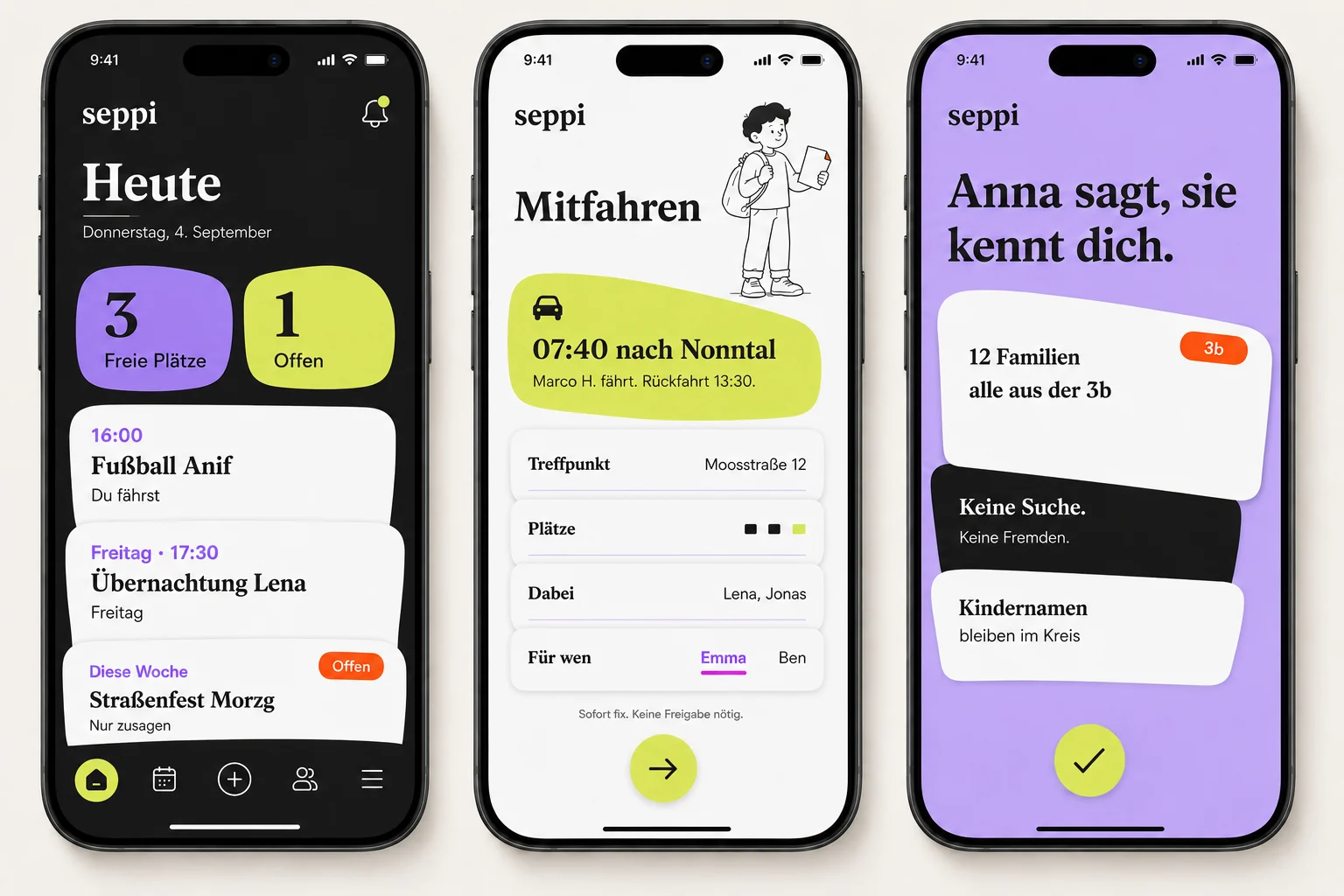 Three Seppi screens: the day overview, a carpool detail, and the class privacy screen.